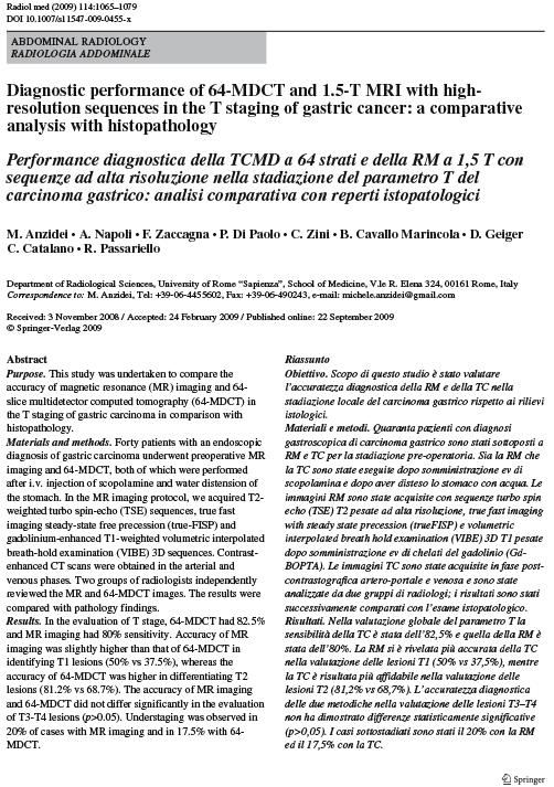 Diagnostic performance of 64-MDCT and 1.5-T MRI with high-resolution sequences in the T staging of gastric cancer