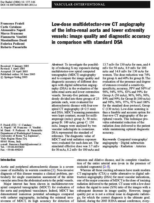 Low-dose multidetector-row CT angiography of the infra-renal aorta and lower extremity vessels