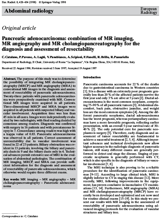 Pancreatic adenocarcinoma: combination of MR imaging, MR angiography and MR cholangiopancreatography for the diagnosis