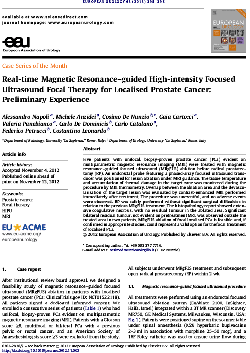 Real-time Magnetic Resonance–guided High-intensity Focused Ultrasound Focal Therapy for Localised Prostate Cancer